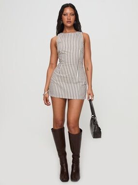 Princess Polly Yumiko Romper Brown Stripe Tie Back Mini Dress NWT US 0